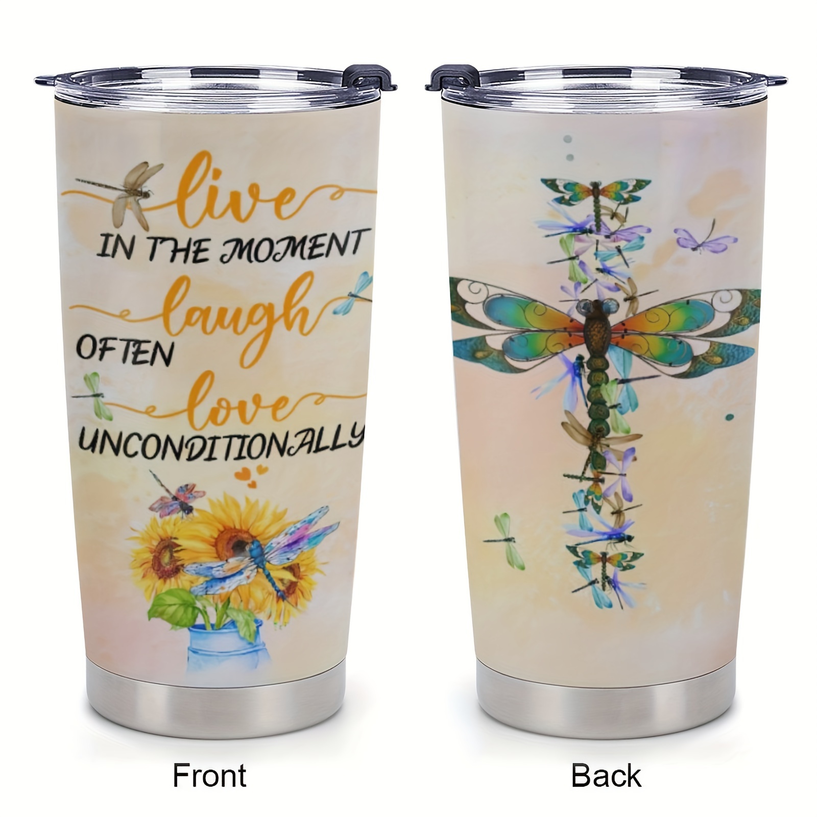 

1pc 20oz Dragonfly Gifts, Valentine's Day Gifts For Her, Sunflower Live Laugh Love Dragonfly Tumbler Cup, Insulated Travel Coffee Mug With Lid