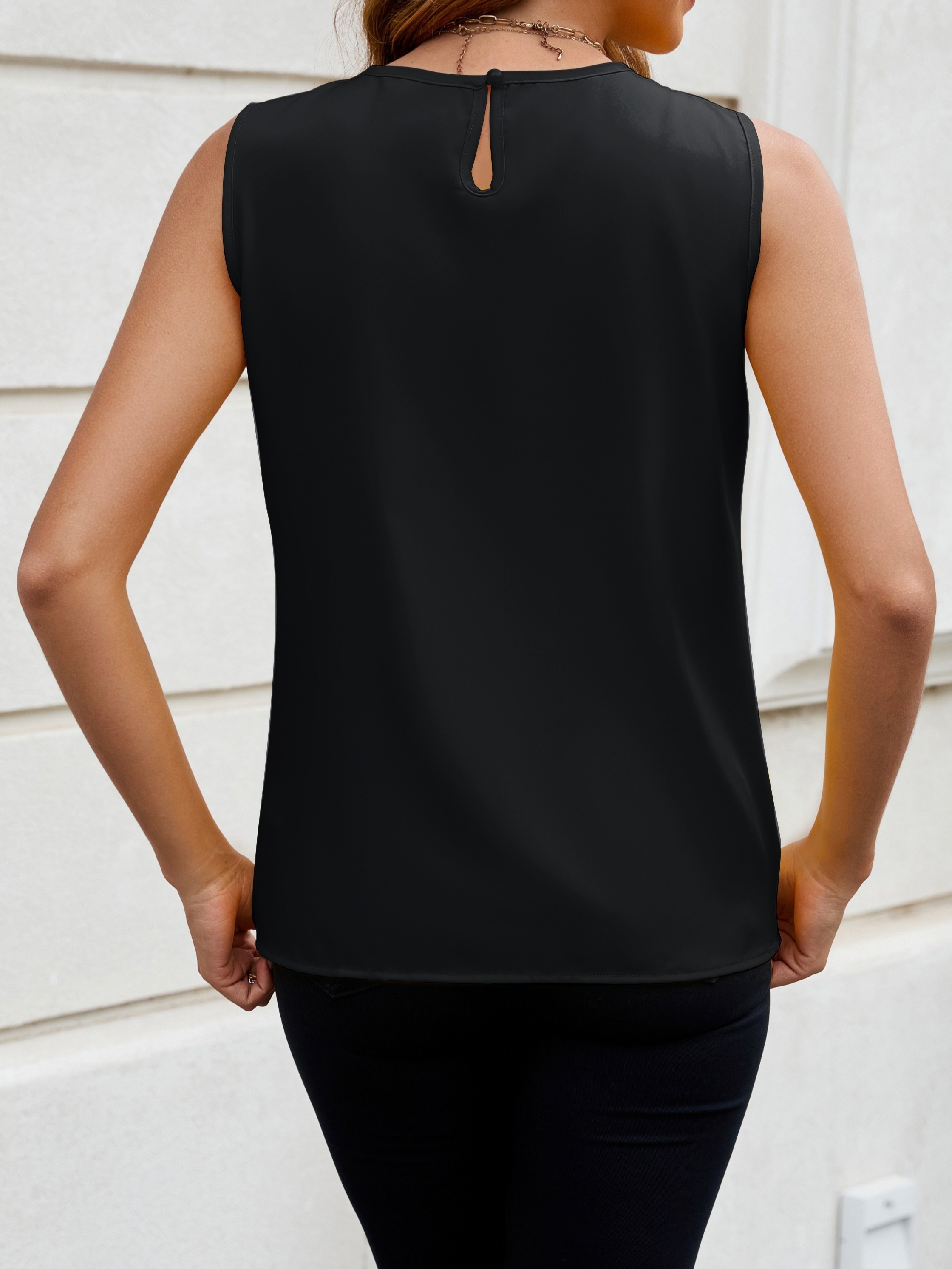 Women's Elegant Solid Color Sleeveless Blouse - Round Neck Button Front, Machine Washable Non-Stretch Fabric, All-Season Versatile Top for Casual & Formal Wear, Buttoned Front Top, Sophisticated Design