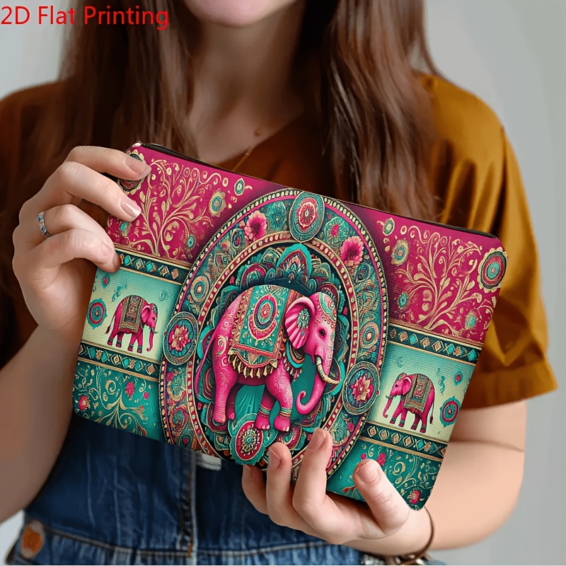 TEMU 1pc, Matériau, Trousse de Cosmétique, Décor Éléphant Indien Luxueux, Trousse de Cosmétique Légère avec Fermeture Éclair et Design Tendance,
