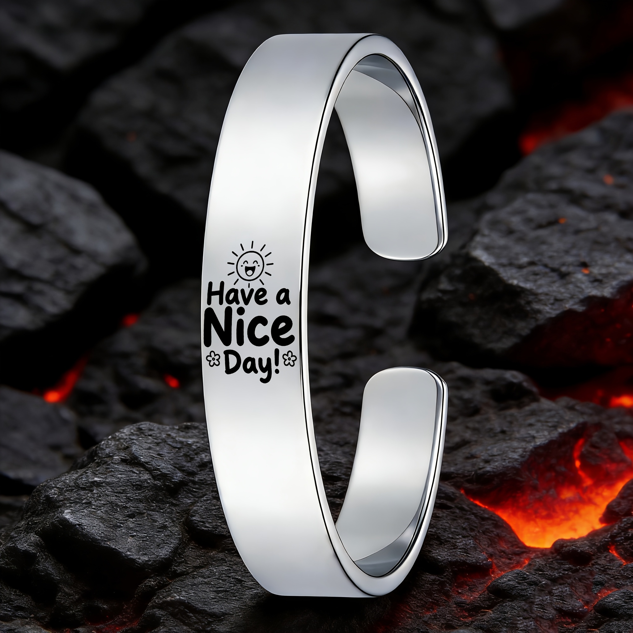 Women's Joyful Sun and Small Flower Design Stainless Steel Open Bangle