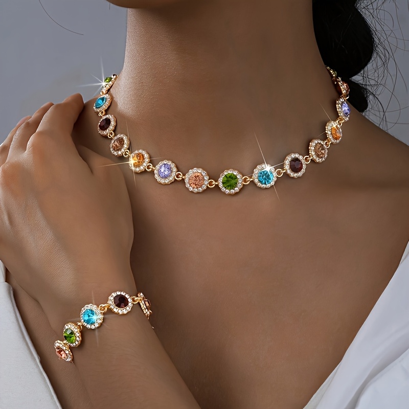 E-shop 2-teiliges elegantes luxuriöses Halsketten- Armband-Set, dopamininspiriertes modisches farbenfrohes Ensemble, für den täglichen Tragekomfort