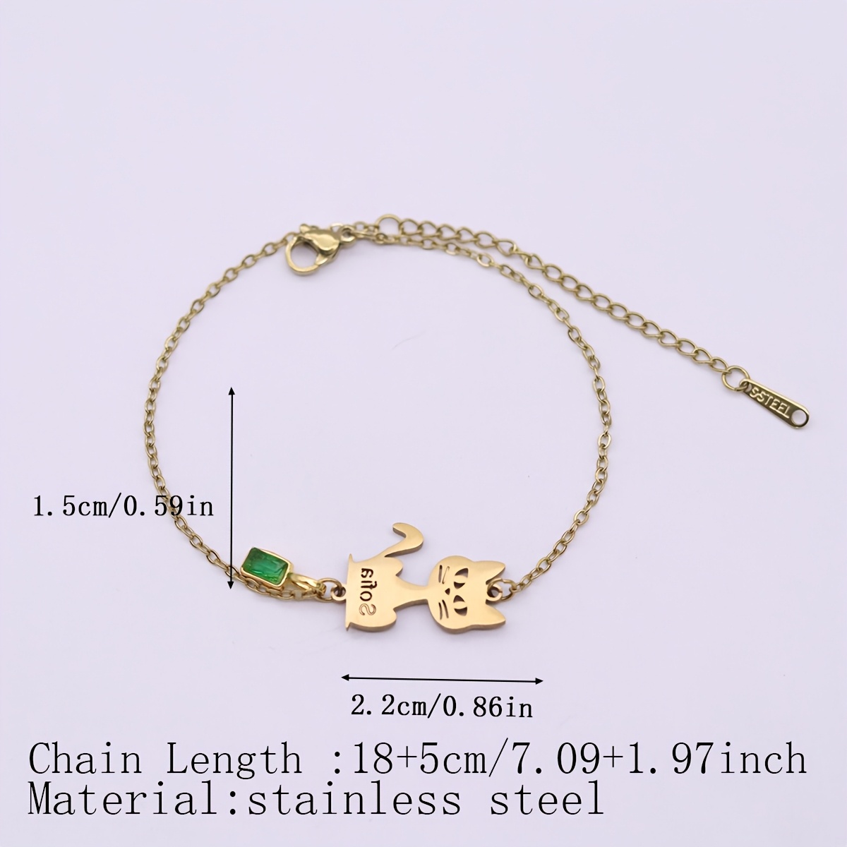 Customizable Cat Silhouette Bracelet with Name and Green Zirconia