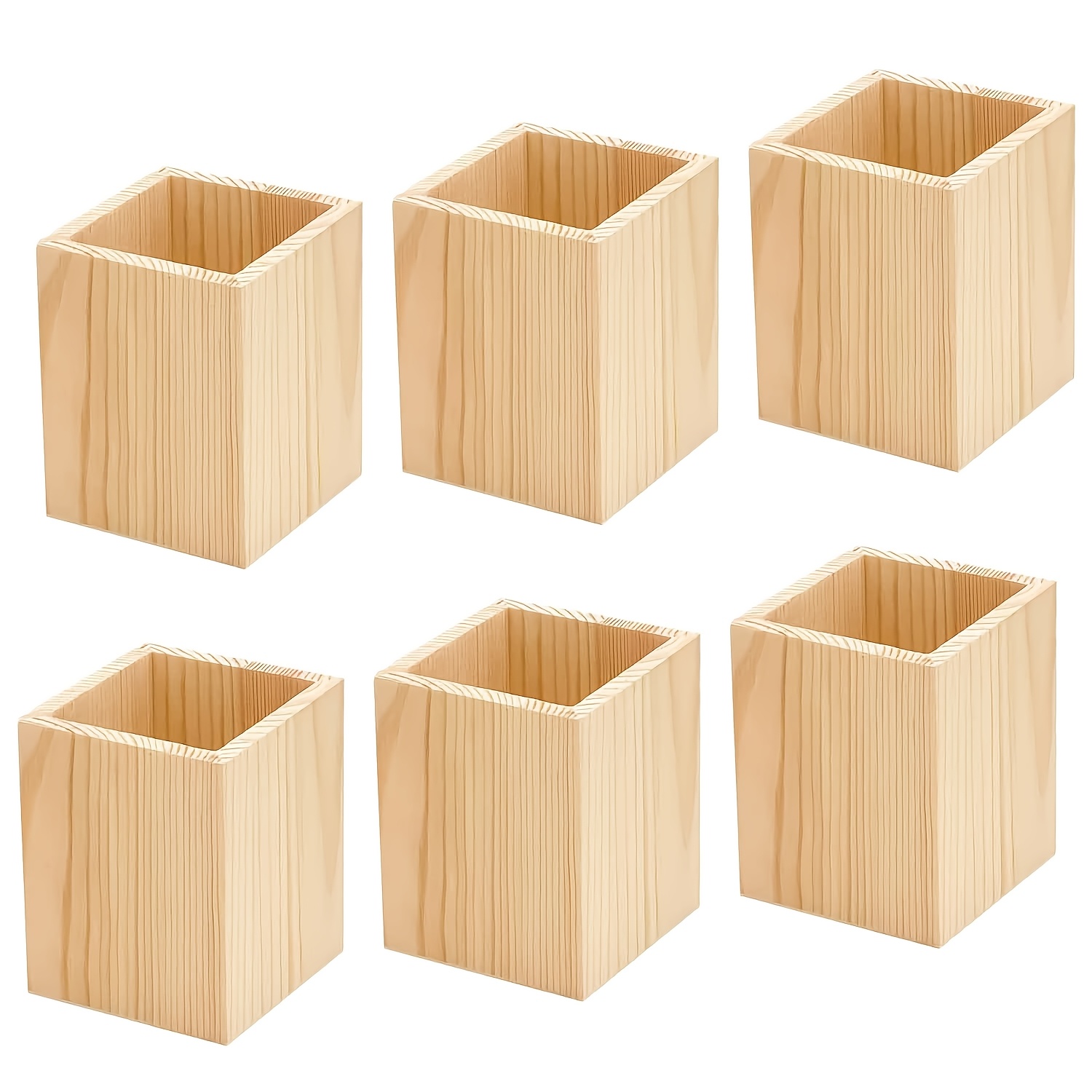 

6-pack Unfinished Wooden Pen Holder, Diy Craft Desk Organizer, Square Storage Cubes For Stationery, Makeup, Toothbrushes, Kitchen Tools, And Succulents