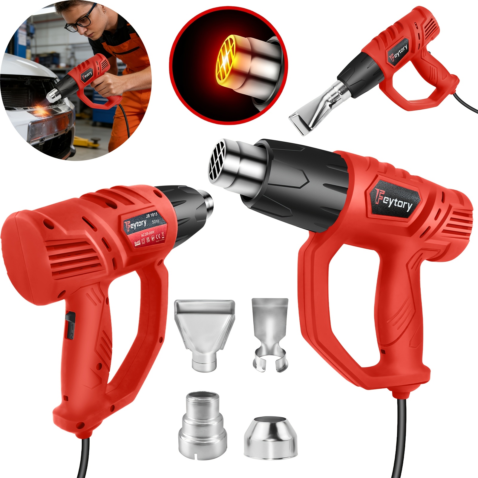 Image of 1600w Dual-temperature Hot Air Gun Kit, 300°c And 600°c, /min Airflow With 4 Nozzles, For Pvc Shrinking, Paint Stripping, Crafts - Protection