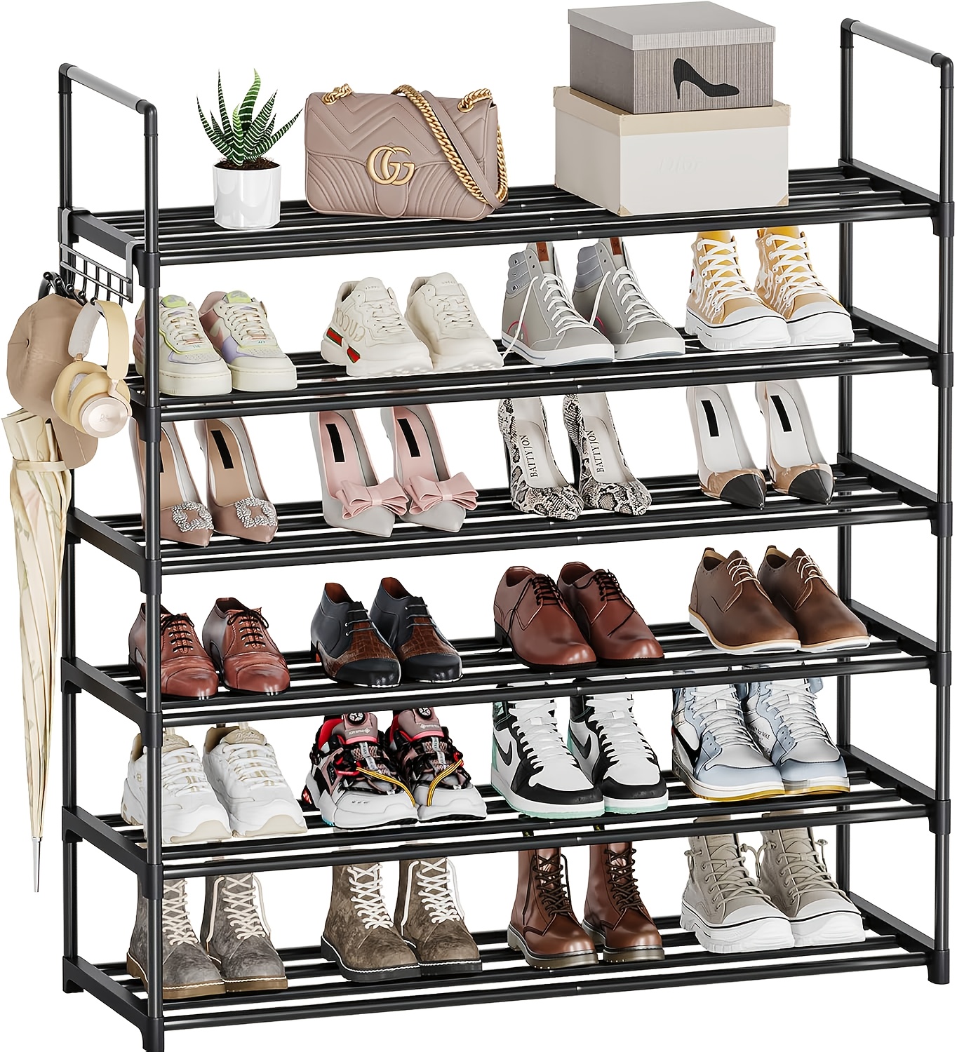 6 tier shoe rack tall capacity 30 pairs shoe storage stackable wide shoe rack for entrance hallway black hanging shoe organizers details 0