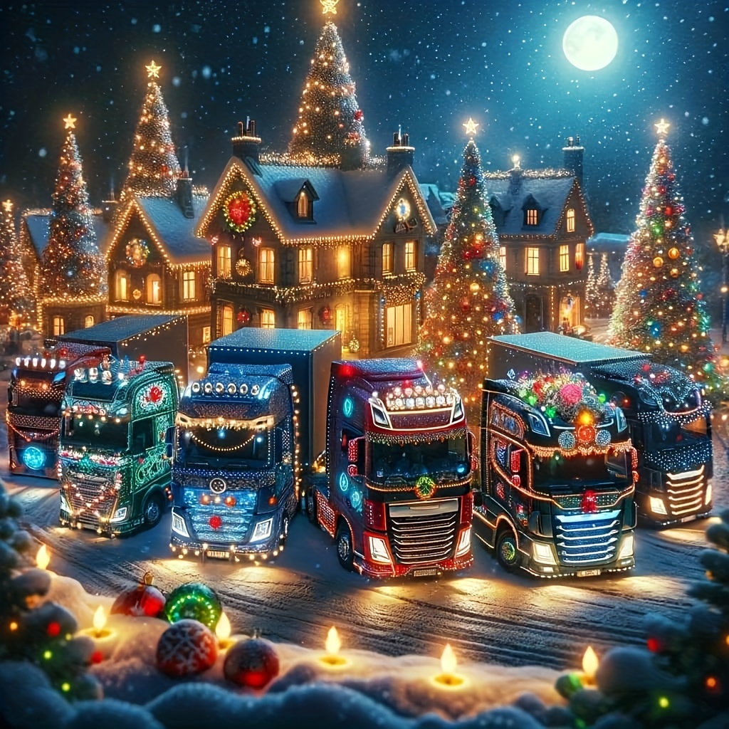 

5d Diy Round Diamond Painting Kit Christmas Trucks Scene - Full Drill Canvas Home Decor Gift For Living Room, Bedroom, Hallway 30x30cm