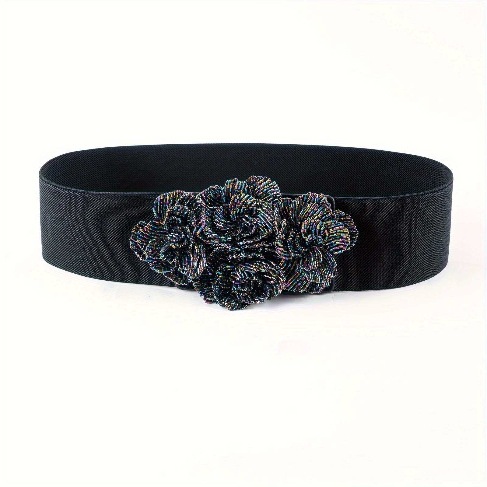 Bohemian 3D felt floral belt vintage bohemian elastic belt handmade beaded 3d flower - Temu main image 4