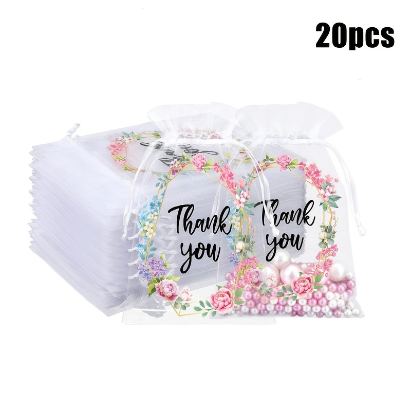 E-shop 20 Stk. Blumen-Dankeschön-Geschenktaschen - Durchsichtige Organza-Beutel mit Pastellblumen & Perlen, Kleine Hochzeitsparty-Favorbeutel im