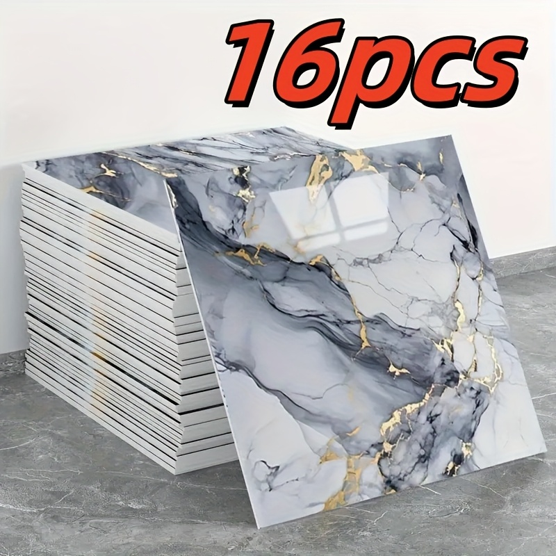 TEMU 8/16pcs Marble Stickers - Self-adhesive Removable Vinyl Panels With White & Gray Marble Pattern And Golden Veins, Diy Decorative Wallpaper,