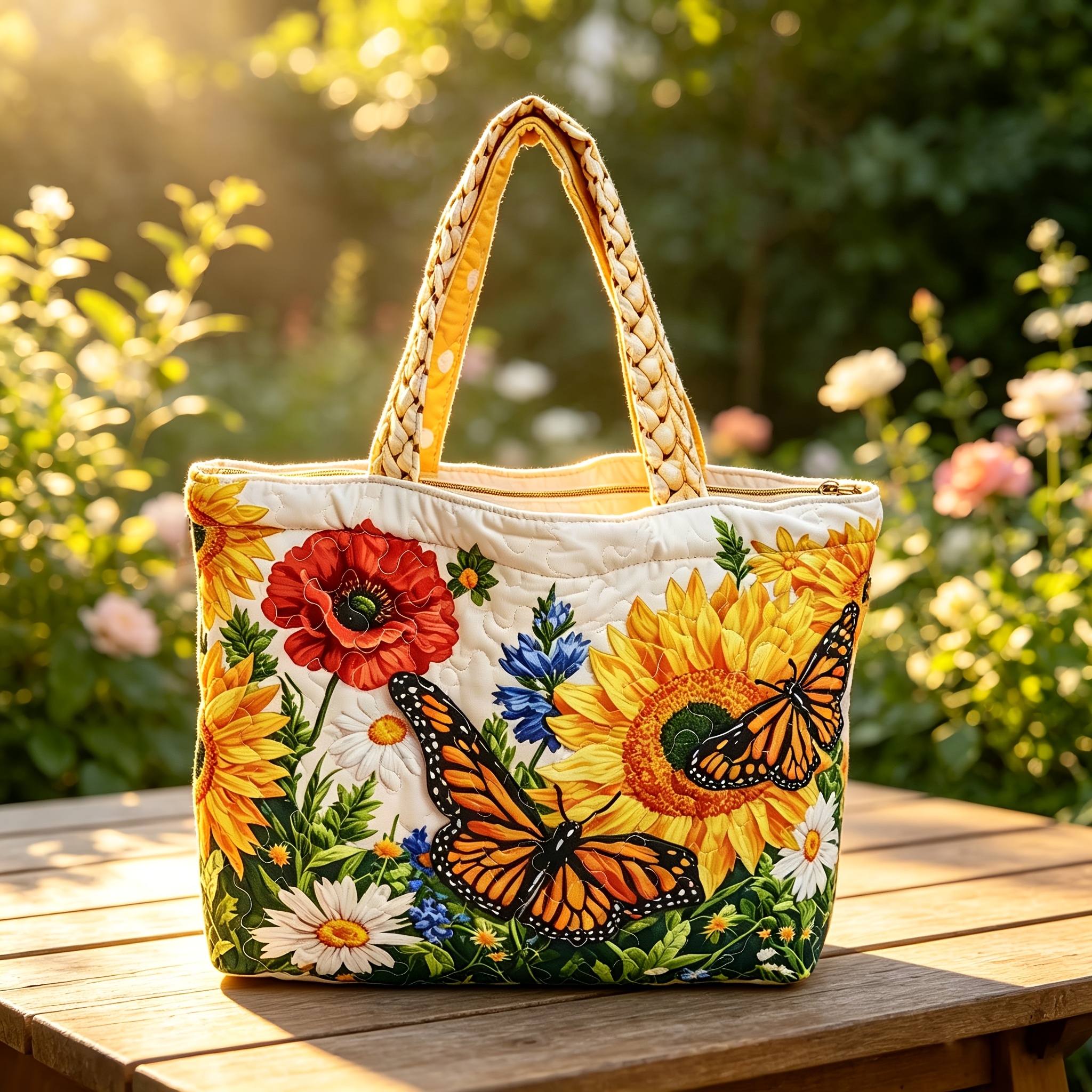 Image of 3d Printed Quilted Tote Bag With Sunflower & Patterns - Soft Minimalist Handbag Suitable For Work, Campus, Weekend, Spacious Casual Bag With Wrist Strap, Machine Washable For Sunflower & Design