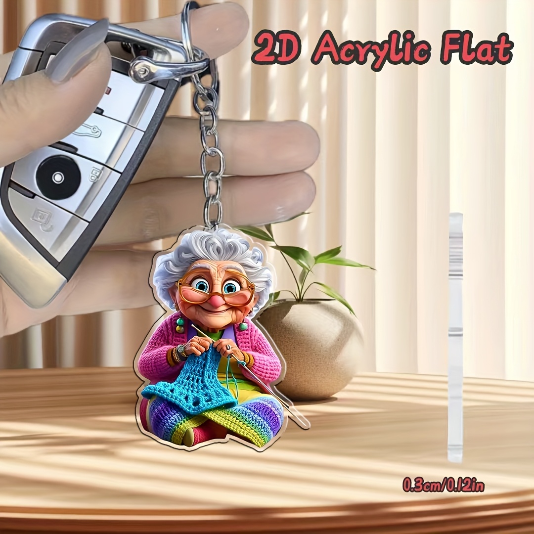 Image of 2d Flat, 1pc 2d Flat Knitting Grandma Acrylic Keychain - 201 Stainless Ring, Vibrant 2d Flat Design, Unique Holiday Gift For Halloween Christmas Valentine's Birthday, Durable Charm