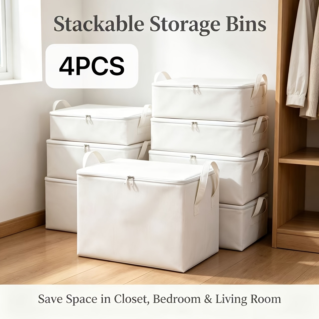 TEMU Boîte de rangement multi-tailles en tissu blanc, encombrante, empilable et pliable, avec housse -poussière à fermeture éclair et double poignée,