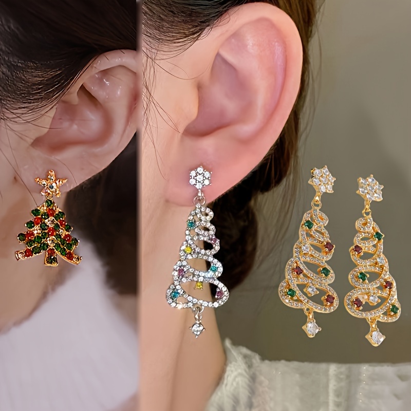 

3pairs/set Christmas Tree Earrings For Women Girls, Rhinestone Zirconia Light Luxury Dangle Drop Tassel Earring, Party Jewelry Gift