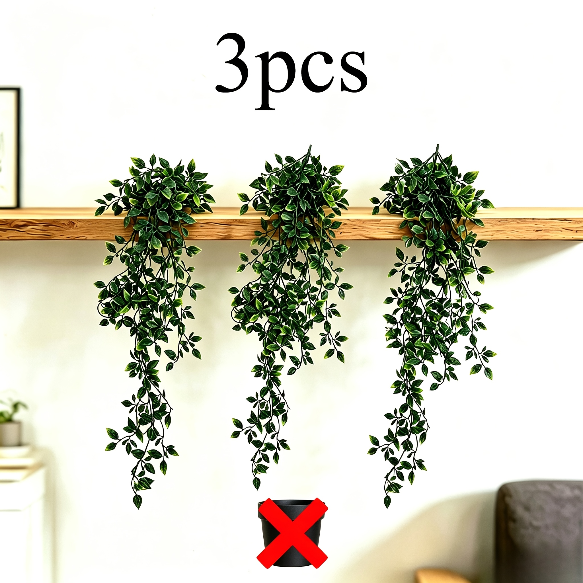 Image of 3pcs Of Artificial Hanging Plants, Not Including Flower Pots. Suitable For Wall Decoration, For Use In Shelves, Bedrooms, Bathrooms, And Home Decor. .