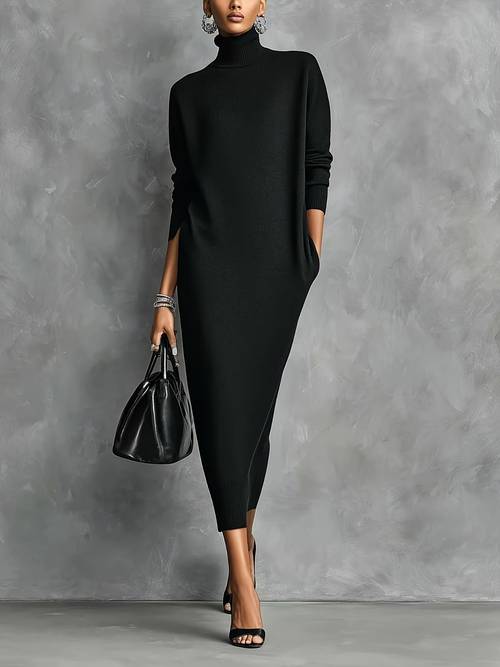 black turtleneck long sleeved dress loose and with pockets length fashionable commuting versatile high end casual elegant skirt