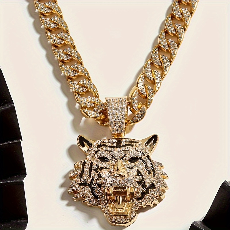 

Domineering, Fashionable And Personalized Men's Gold-plated Tiger Head Pendant Paired With Fashionable Cuban Necklace - Bold And Fashionable Animal Themed Jewelry