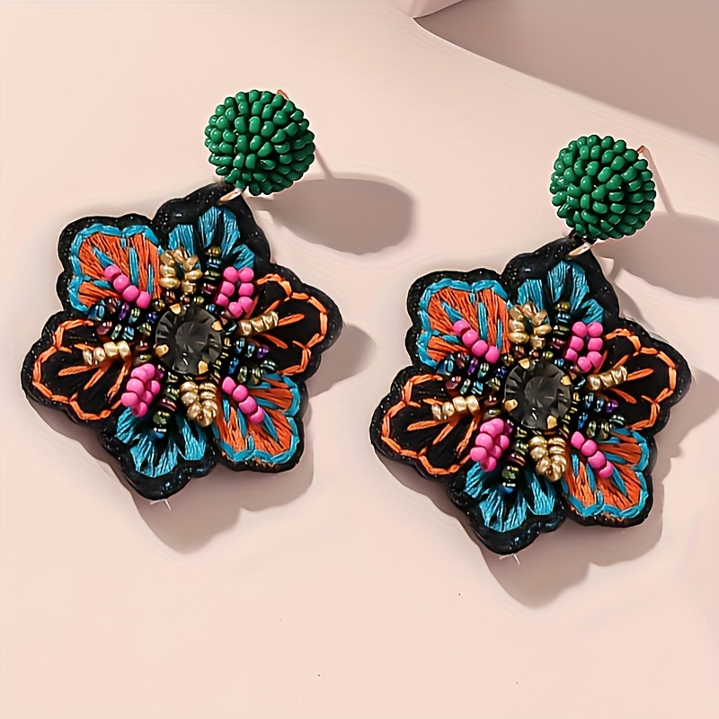 Women's Bohemian Embroidered Beaded Flower Earrings