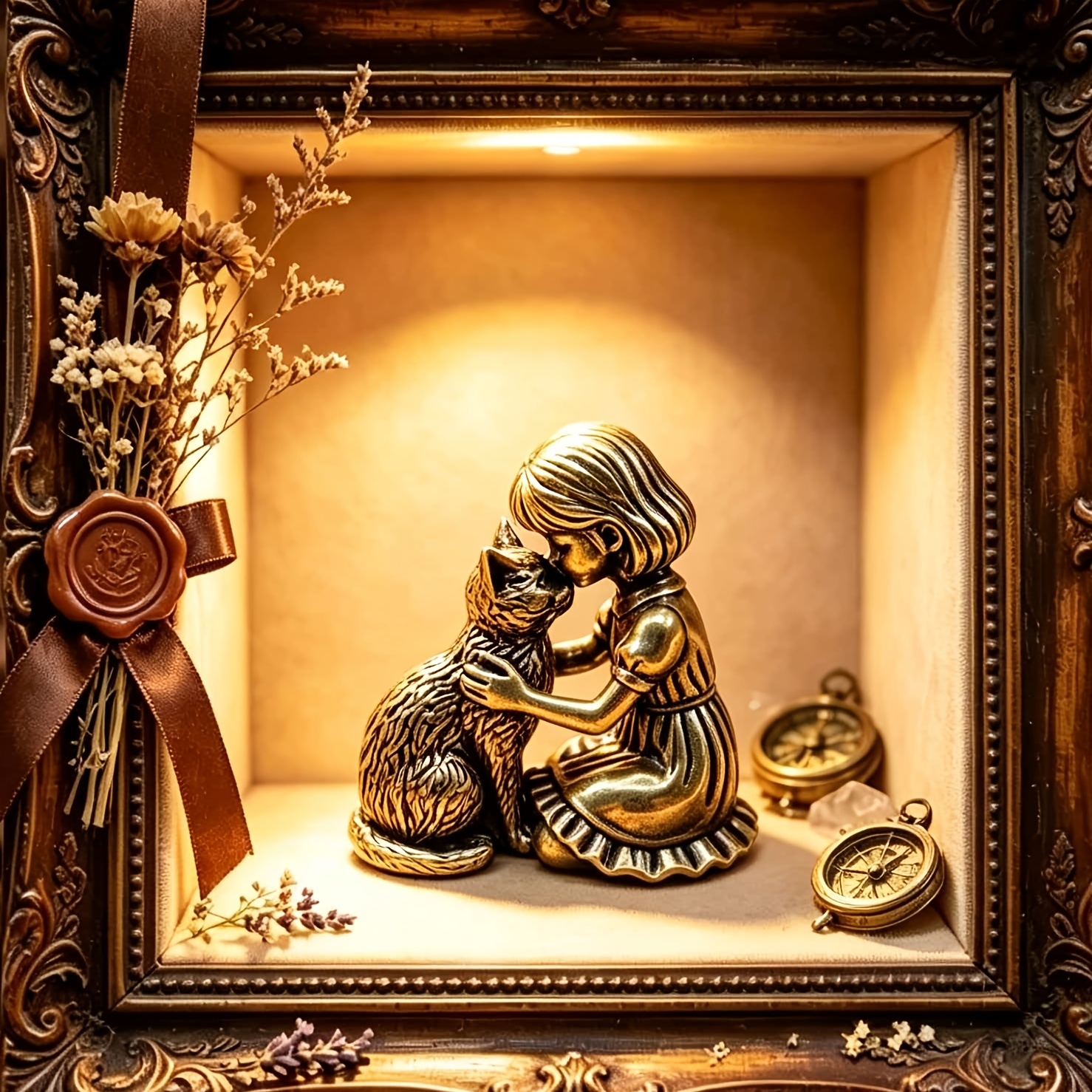 TEMU Mini-ornement vintage en laiton vieilli avec d'une fille embrassant un chat, artisanat décoratif de bureau en métal de style européen. Sculpture