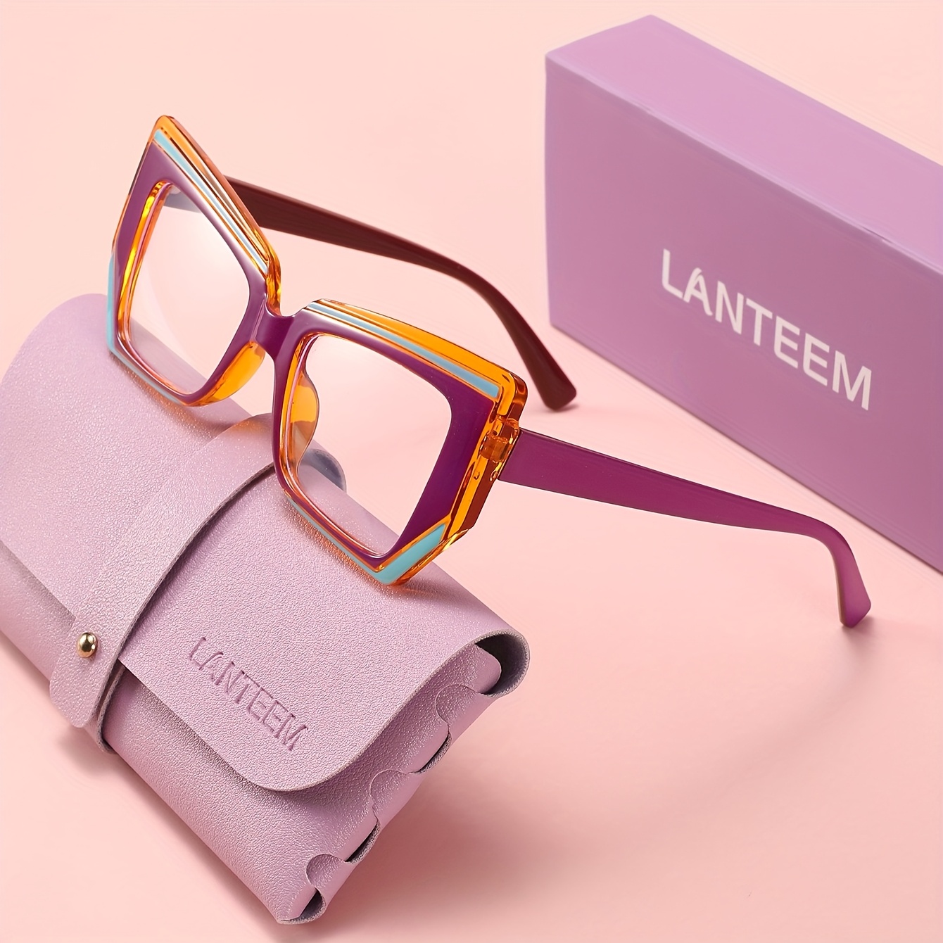 TEMU Lanteem With A Glasses Case And An Outer Protective Case. 1 Pair Of Color- Irregular Frame Women's Non- Reading Glasses With Clear Lenses, Y2k