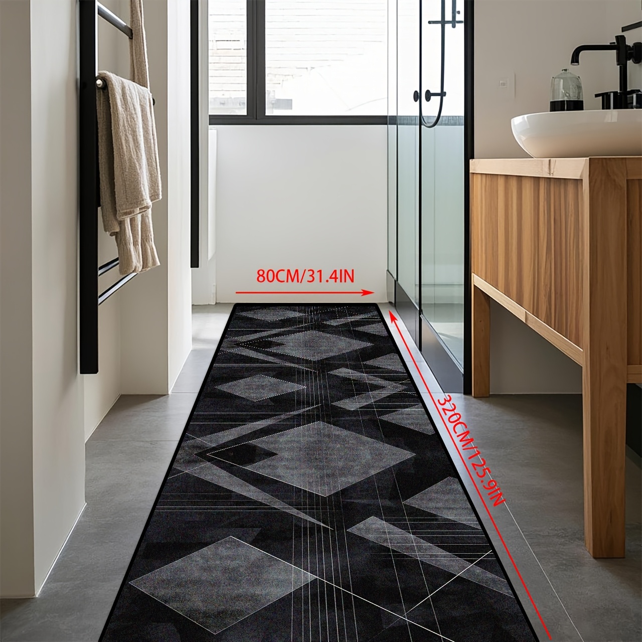 TEMU 1pc Golden Diamond Velvet Shipping, Modern Geometric Black And Gray Striped Abstract Hotel/ Welcome Long Runner Rug, And Comfortable Decorative