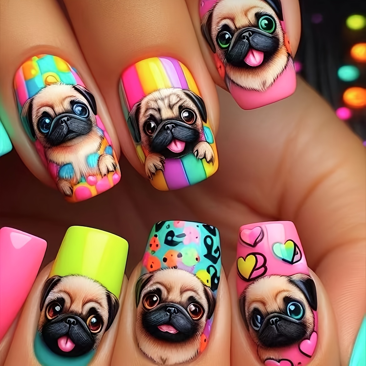 Women's Nail Art In Mixed Colors, Square Shape, Medium To Long Length, With Cute Dog And Heart Patterns, And A Glossy End
