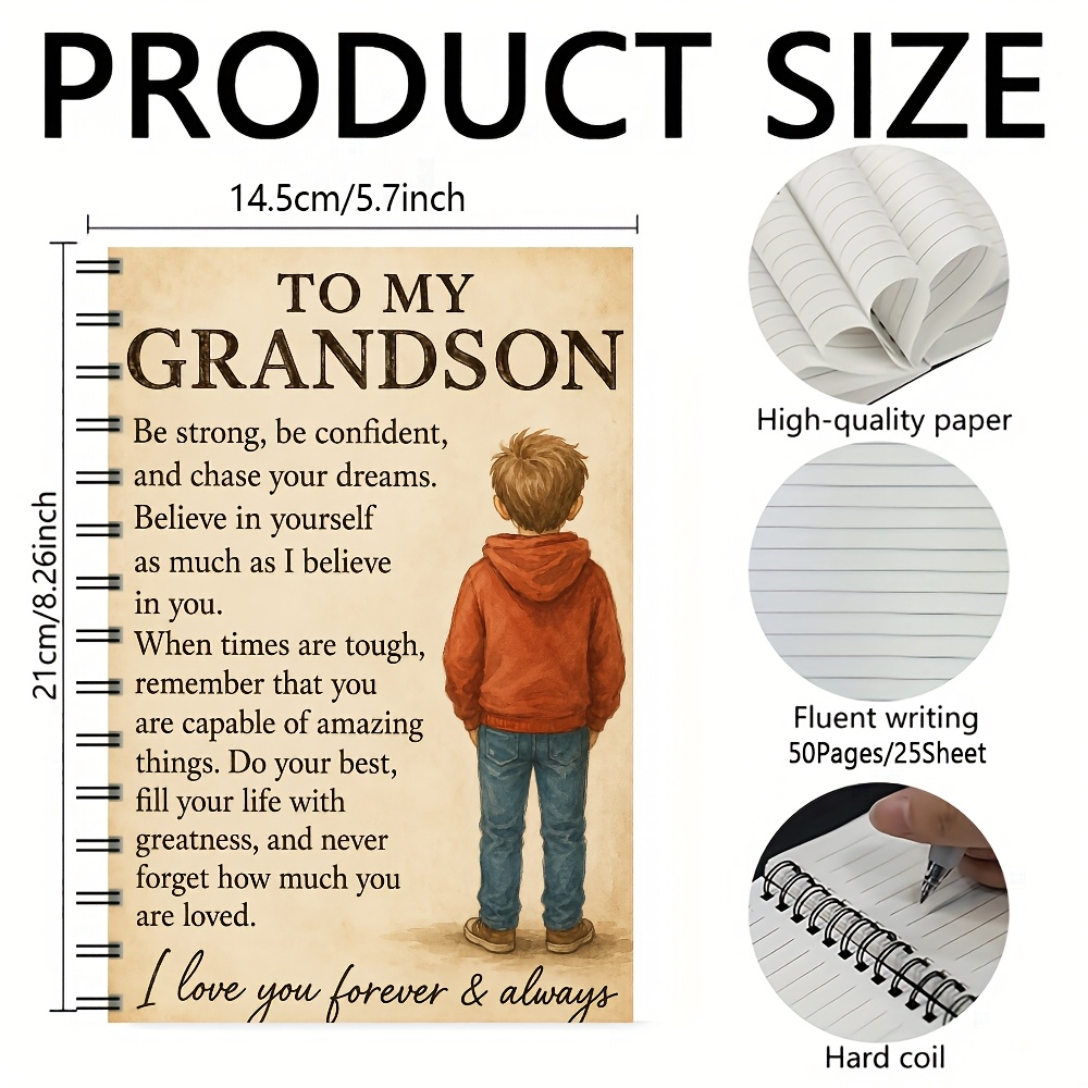 TEMU To My Grandson Inspirational A5 Spiral Notebook, 1pc Grandson Encouragement Journal Gift, 50 Pages/25 Sheets