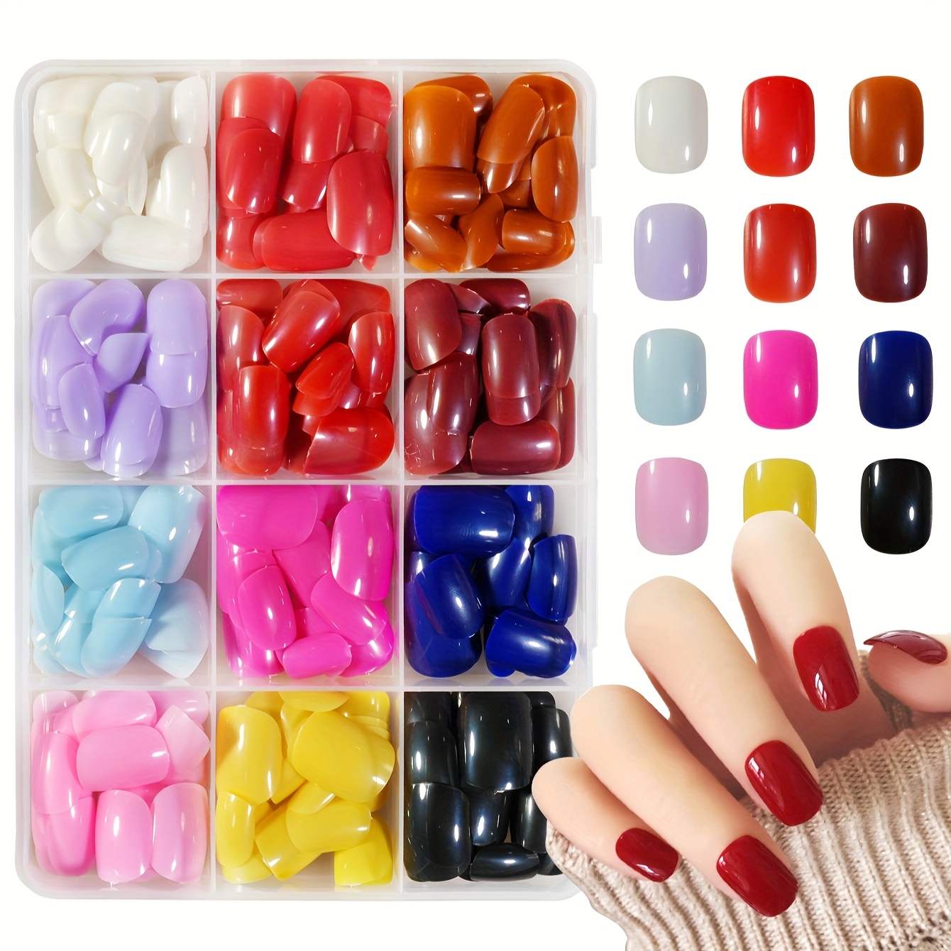 TEMU A Set Of 288 Short Round Solid -on Nail Patches, 12 Mixed Color Colors, Shiny Full Coverage Acrylic False Nails, Perfect Gift For Women And S.