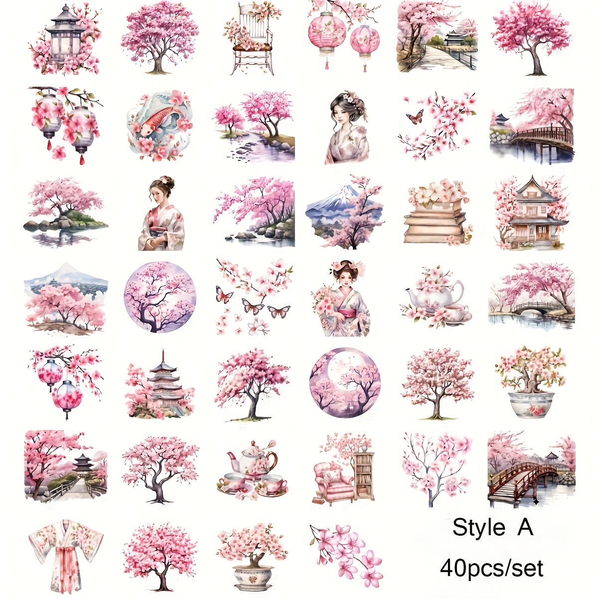 TEMU 40pcs/set Handmade Creative Vintage Japanese Scenery Kimono Girl Cherry Geisha Scenery Sticker Diary Decoration Retro Japanese Tea Ceremony Tea