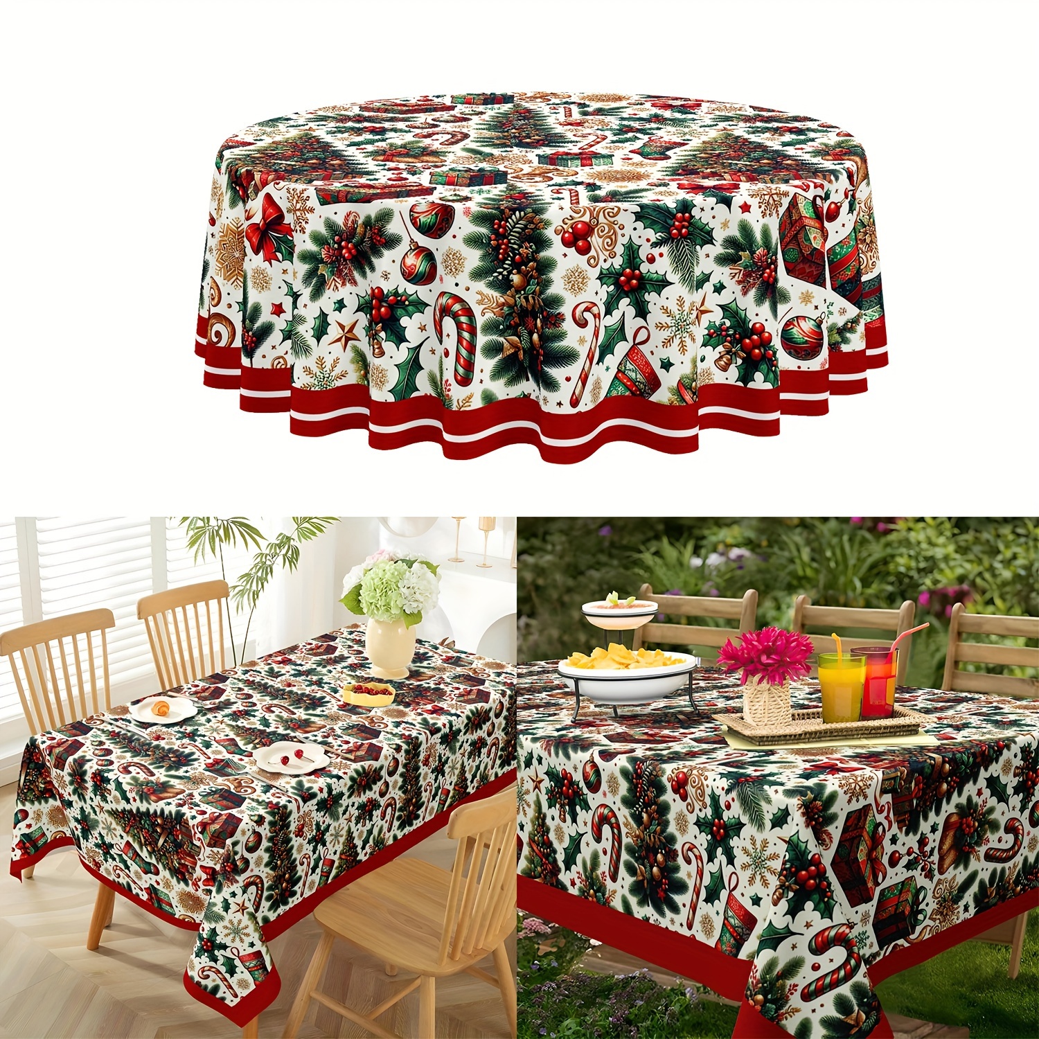 

Red Christmas Tablecloth , & Berries - For Dining &