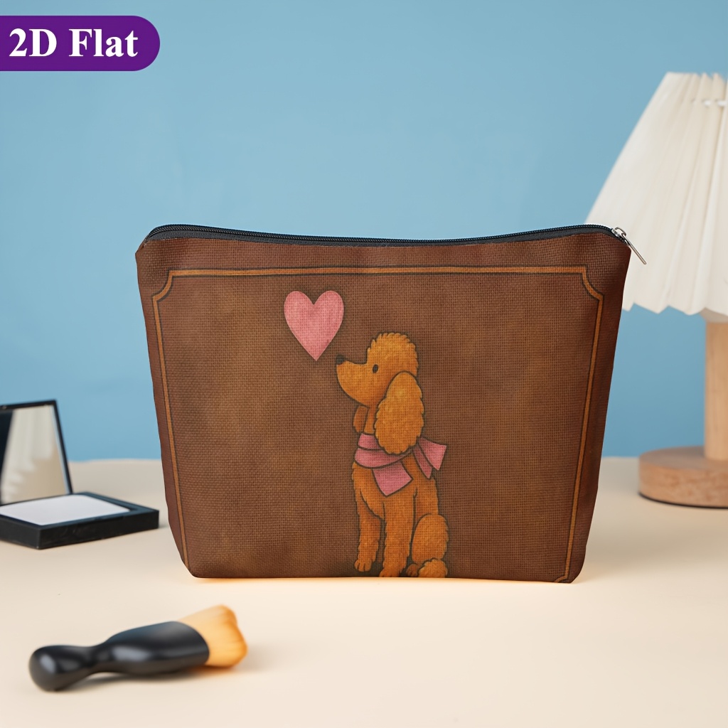 TEMU Cosmetic Bag 1pc, Orange Poodle Red Heart, Featuring Fun Designs, This Double-sided Printed Women's Cosmetic Bag Is Perfect For Storing