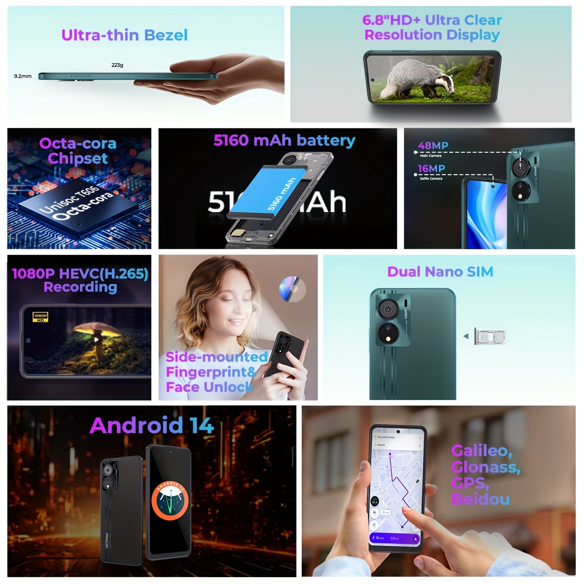 HOTWAV Note 12 EF Мобилни телефони с 6.8-инчов HD+ дисплей, работещ с Android 14, с 12GB (4+8) и 128GB памет, отключен, с 48MP и 16MP камера, 5160mAh батерия, поддържащ Dual SIM, 4G, Wi-Fi, OTG, GPS и Face ID