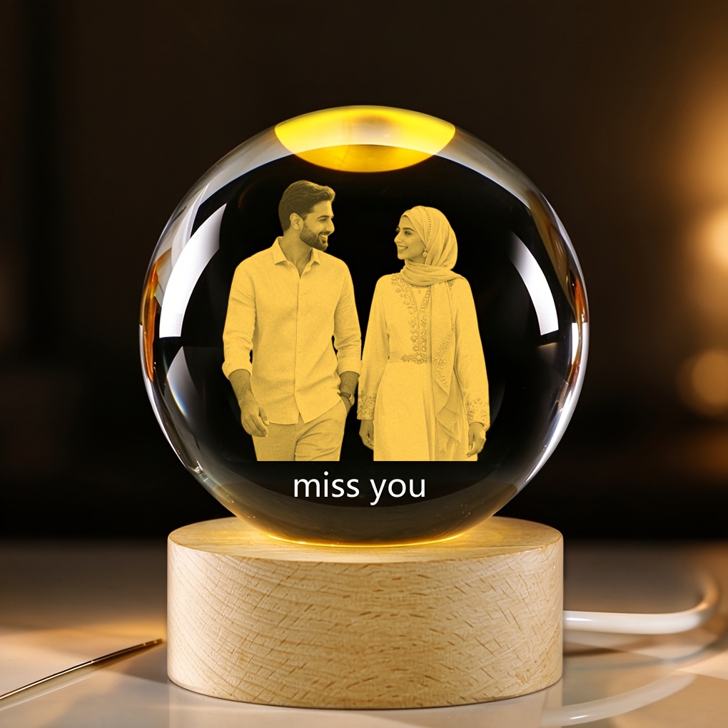 TEMU Crystal Ball Glass With Custom Photo And Text, Usb-powered Warm Light Base. A Small Gift Or Souvenir For Valentine's Day, Christmas,