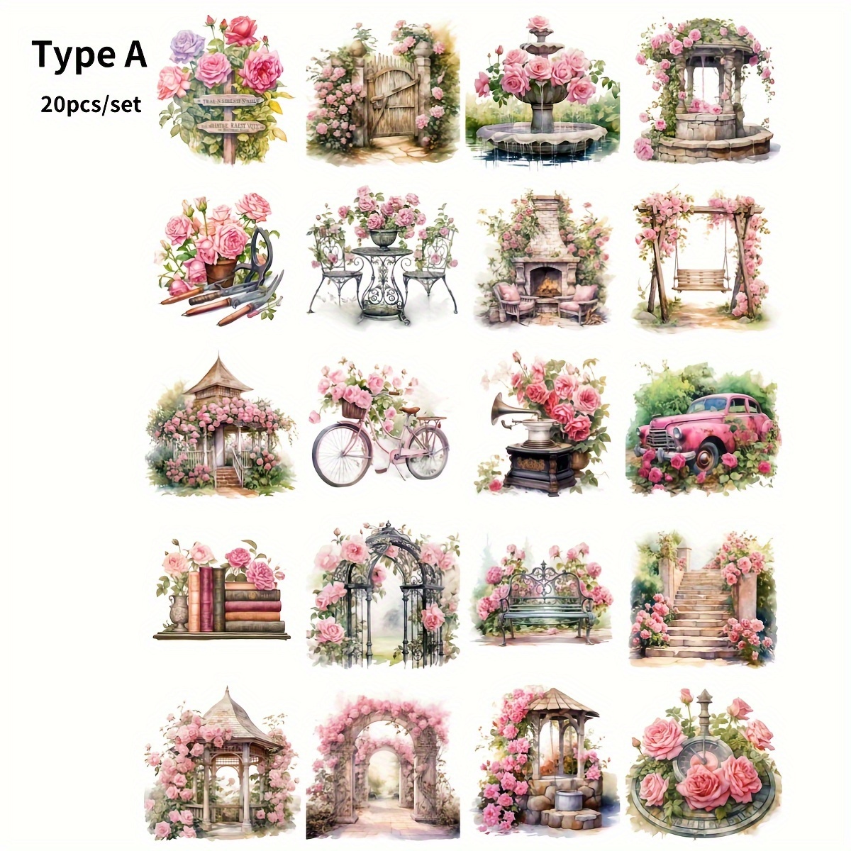 Image of 20pcs Vintage Stickers Compatible For Journals, Scrapbooks & Planners - Flower Decals With Roses, Irregular Cut Edges Suitable For Diaries, Albums, Wood, Travel Notebooks