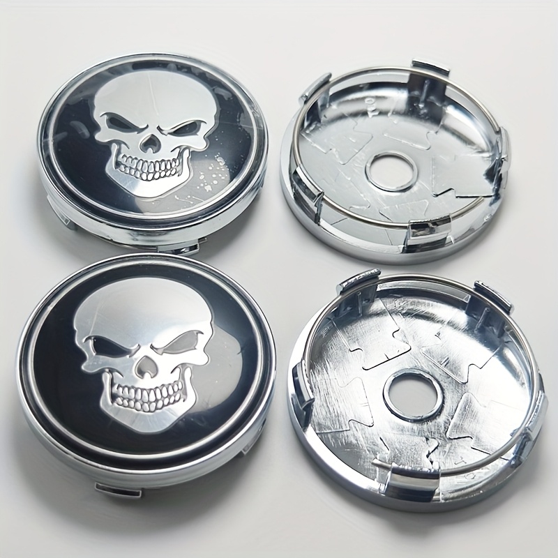 E-shop Set mit 4, 60mm Auto aus Kunststoff mit Schnappverschluss - Totenkopf- und Skelett-Design, Universal Passform in Rot/Schwarz/Chrom für Fahrzeuge