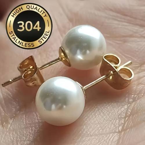 a pair of 18k gold plated stainless steel earrings with imitation white spherical beads elegant round artificial bead studs made of hypoallergenic 304 stainless steel everyday casual wear and versatile additions