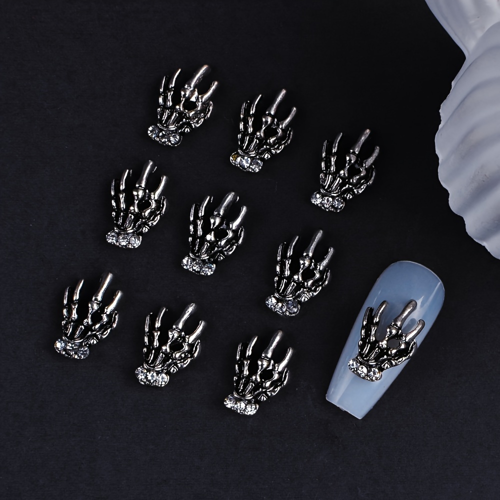 

10pcs Gothic Hand Nail Art Charms, Dark Vintage Style Alloy Inlay With Red Stone, Fashion Nail Decoration Accessories