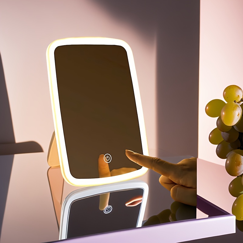 Oglindă de machiaj LED portabilă cu control tactil, 3 moduri de iluminare, luminozitate reglabilă - Design elegant, potrivită pentru retușuri în mișcare, portabilă, lumină caldă și albă, cu tematică de personaje, oglindă de machiaj LED portabilă, oglindă de toaletă iluminată de dimensiuni mari, esențiale pentru călătorie