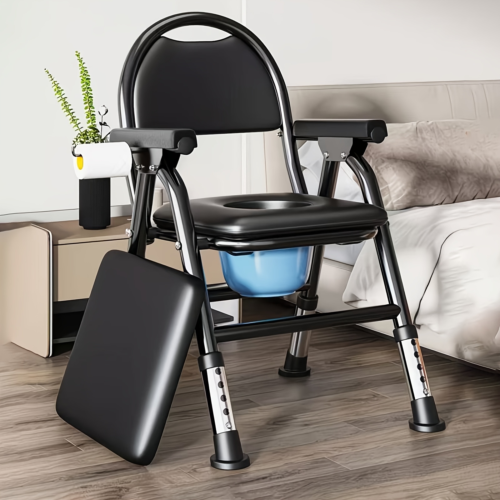 Image of A Shower Wheelchair Designed For Elderly Users, Featuring Adjustable Height, A Foldable Design, A Padded Seat, And A Toilet Bucket, Stability And With A Weight Capacity Of 400 Kg