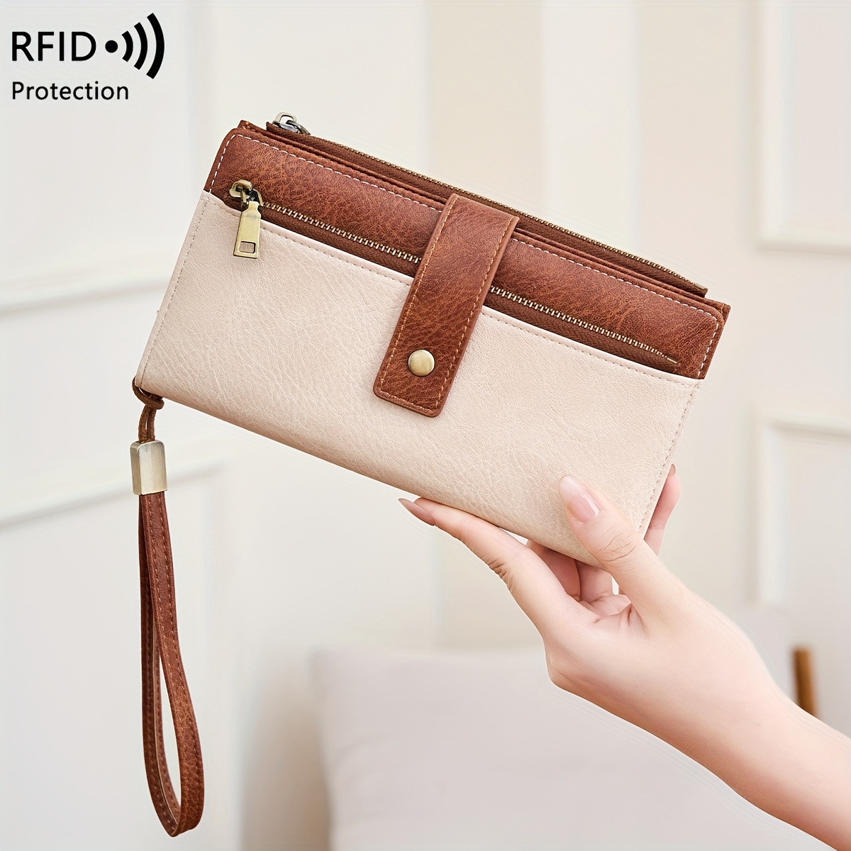 TEMU Rfid Blocking Wallet - /beige Design, Long Wallet With Double Zipper Compartment - Multi Card Slot, Zipper Closure And Coin Pocket, Minimalist