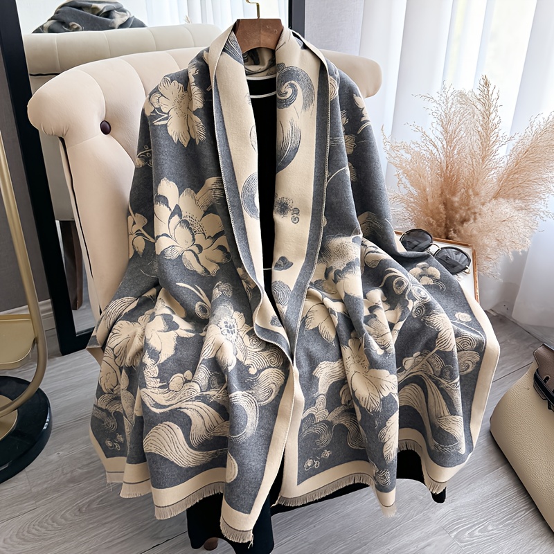 TEMU Elegant Women's Shawl Scarf, A Stylish Cape Blanket Perfect For Outdoor During Autumn And Winter, Featuring A Double-sided Printed Design