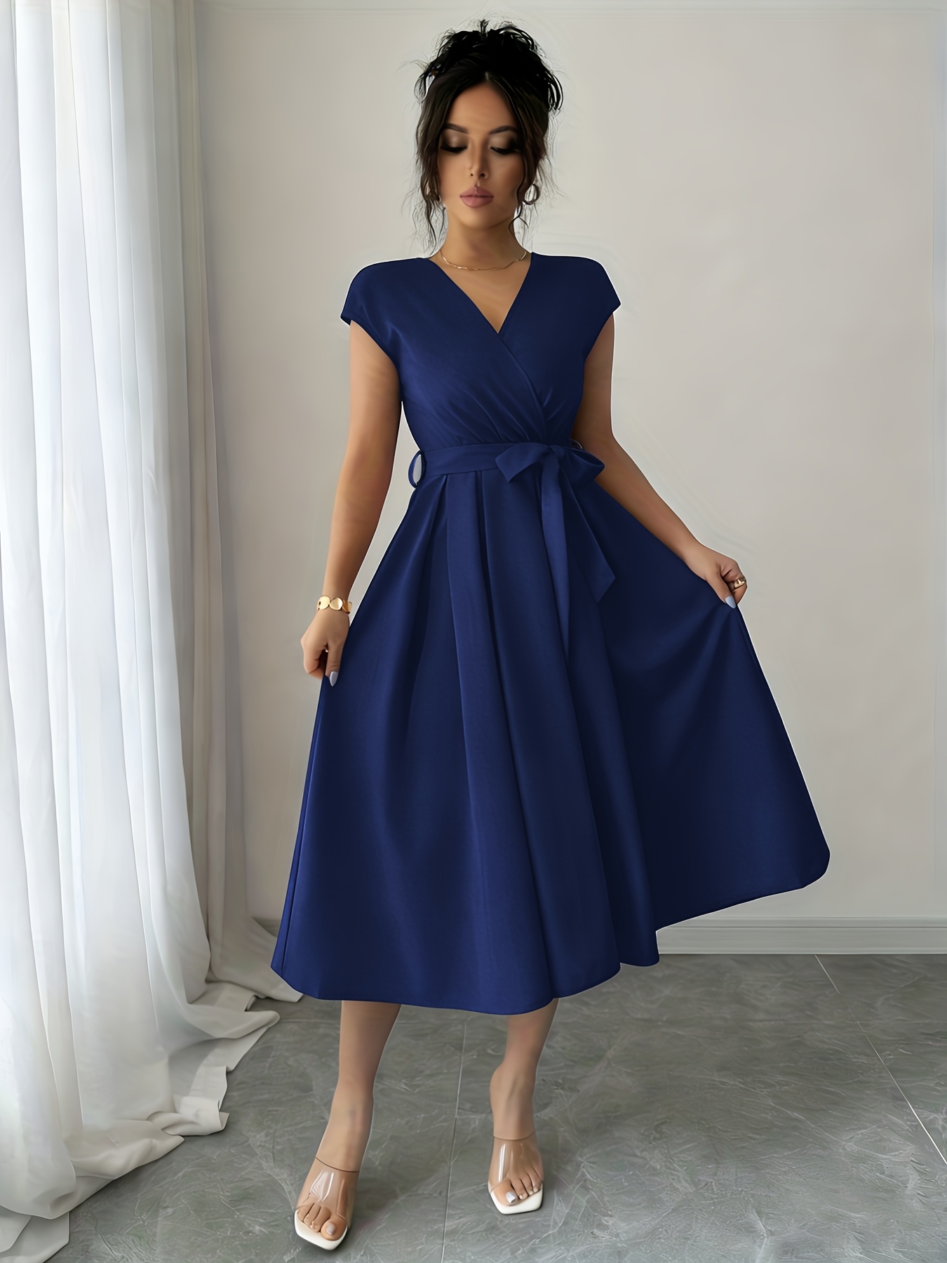 knee length umbrella dress solid elegant v neck sleeveless belted skirt LowStock:43686621872179