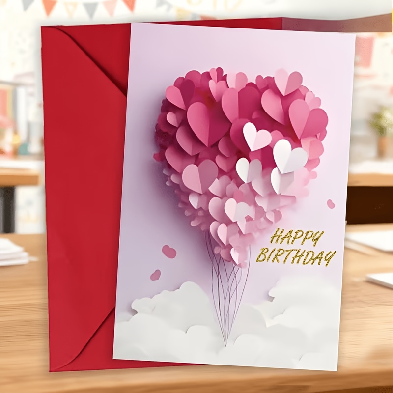 2d Flat Design Creative Heart Balloon Birthday Card With Envelope, High-quality Paper Card, Suitable For , Perfect Gift For Wife, Girlfriend, Daughter, Partner, And Mother