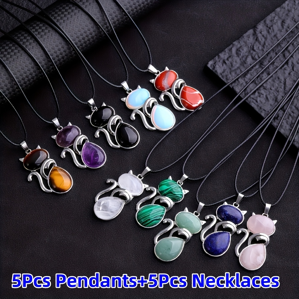 TEMU 10pcs Random Fashionable Cat Jewelry Set With Natural Stone Cat Pendant And Necklace For Men's And Women' Wear & Festival Gift