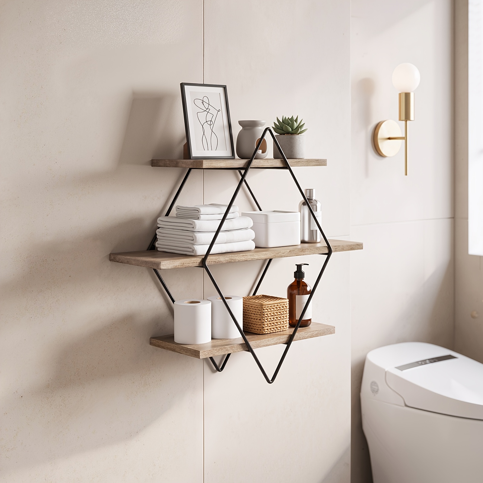 Image of 3-tier Large Capacity Wall Shelf, Rhinestone Storage Floating Shelf, Open Easy-access Shelf Board, Space-saving Wall-mounted Shelf For Living Room, Bedroom And Study, Floating Shelves