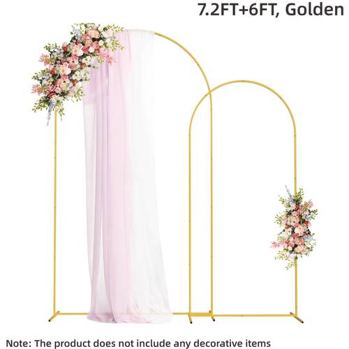 2pcs heavy duty metal wedding arch backdrop set 7 2ft and 6ft sturdy frame with golden powder coating easy to assemble balloon flower arch for weddings birthdays eid and ramadan decorations indoor outdoor party decor no batteries