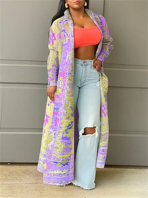 womens vintage colorful geometric pattern open front long duster cardigan with lapel long sleeve loose maxi length outerwear casual cover up coat