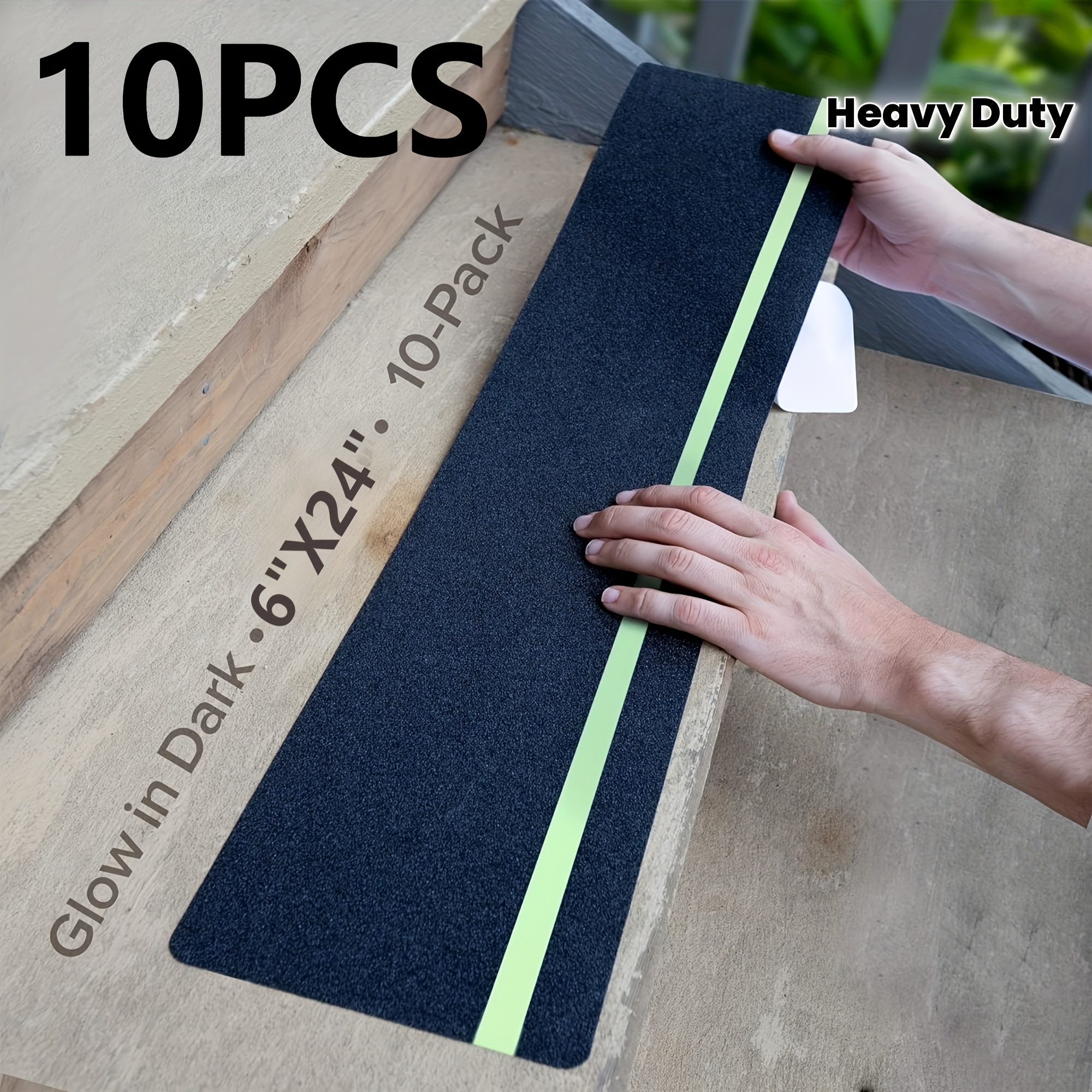 TEMU 10-pack Heavy Duty Anti-slip Stair Treads, Pre-cut 15x61cm (59"x24") Steps With 80 Grit Surface - Black Skid-resistant Tape For /outdoor Stairs,