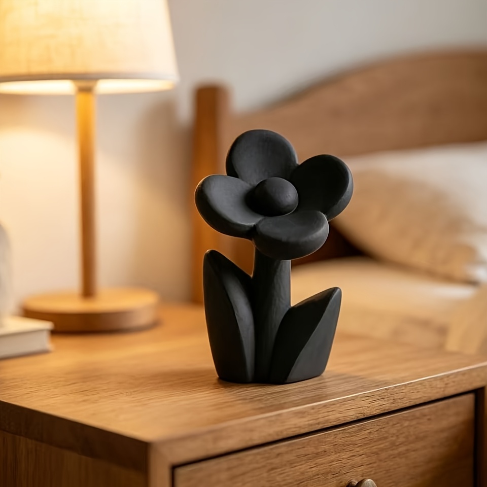 TEMU Minimalist Clover Flower Ornament With A Matte Black Frosted Texture. Rounded Petals With Clean-cut Leaves Feature Simple, Soft Lines That A
