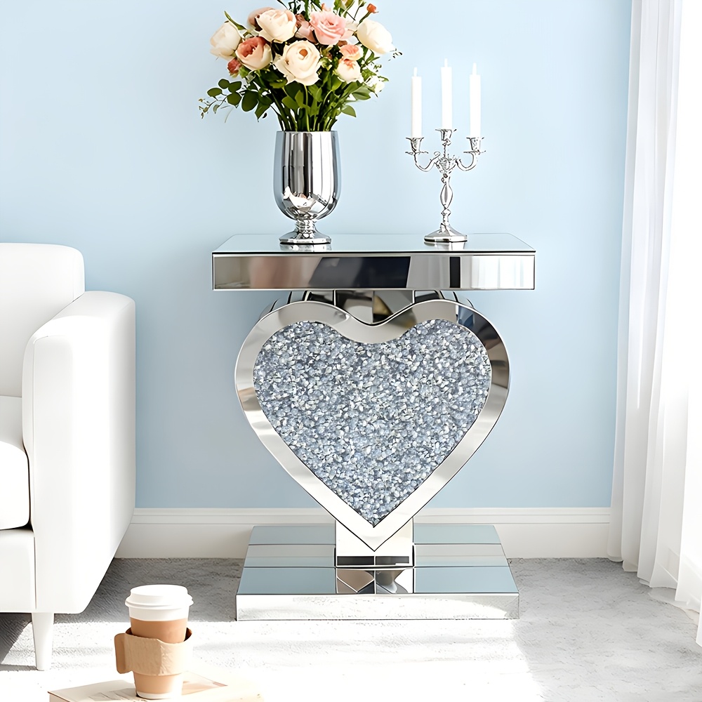 Crushed Diamond Silvery Mirror Base Heart Shaped Side Table, Mirror Finish Decorative Table for Bedroom, Entryway, Living Room.Small Mirrored Coffee Table