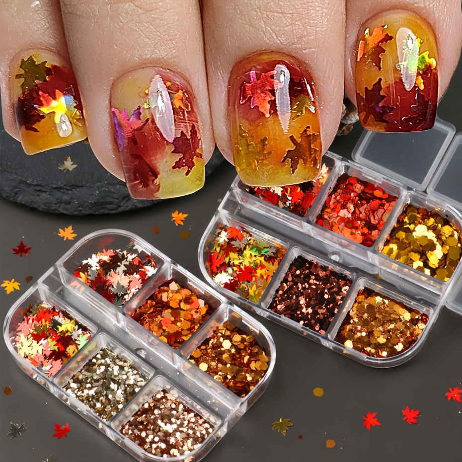 Reddish Brown Tones Fall Maple Leaf Nail Glitter Sequins Set